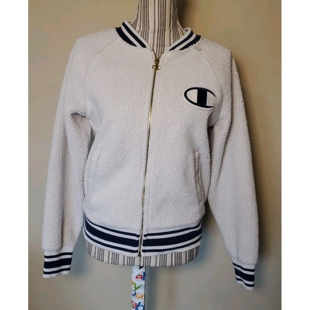 Champion sherpa varsity jacket Women S Off- White Crop Logo Ribbed Trim Full Zip
